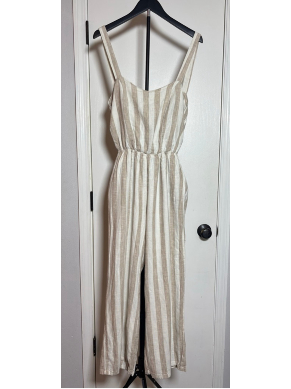 Reset by Jane Linen Blend Striped Jumpsuit Size L GUC Wide Leg Tan White JR629